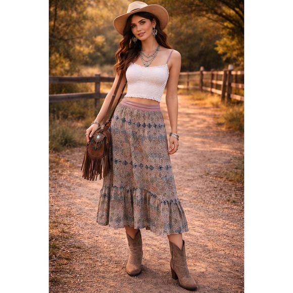 Pinky Dresses & Skirts - Boho Cottagecore Prairie Festival Western Pink Blue Hi Lo Hem Midi M Skirt